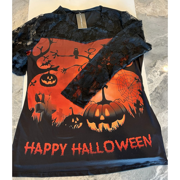 Happy Halloween Graphic Top Women SZ L Lace Sleeves NEW Jack o Lantern Print NWT - Picture 1 of 10